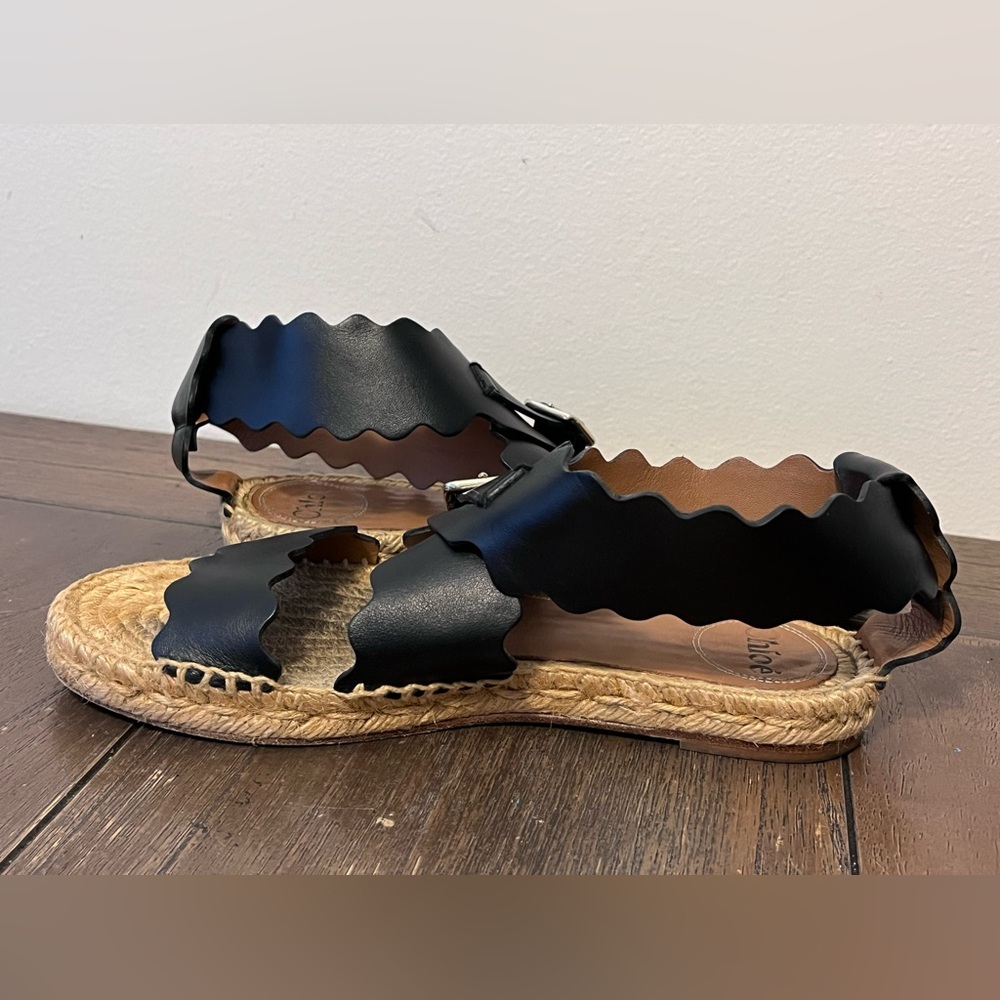Chloe Lauren Scalloped Black Leather Espadrilles size 37 Women’s size 7 - Picture 6 of 13